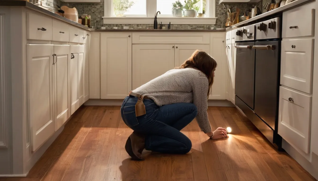 Provider checking a kitchen baseboard for ant activity in a Los Gatos home