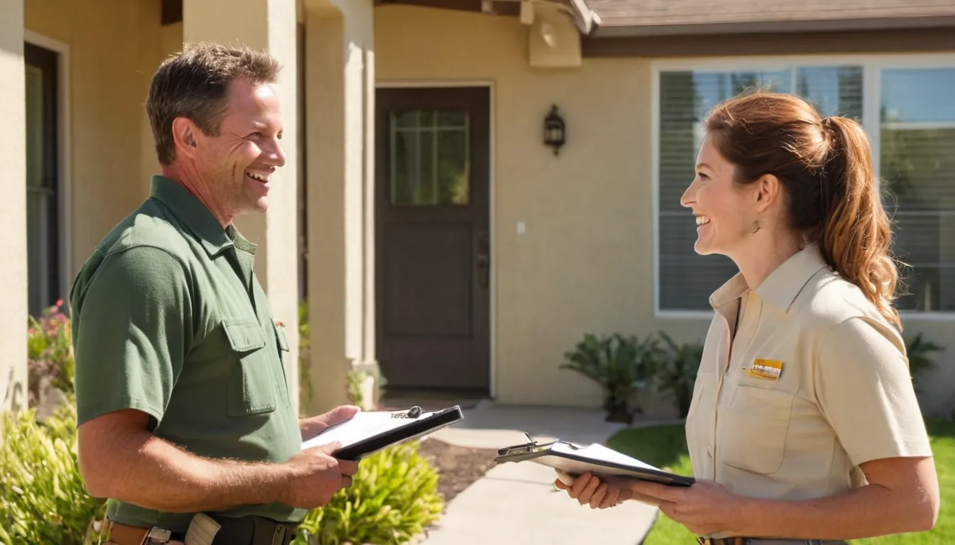 Homeowner talking with a pest control provider outside a stucco ranch home in Los Gatos